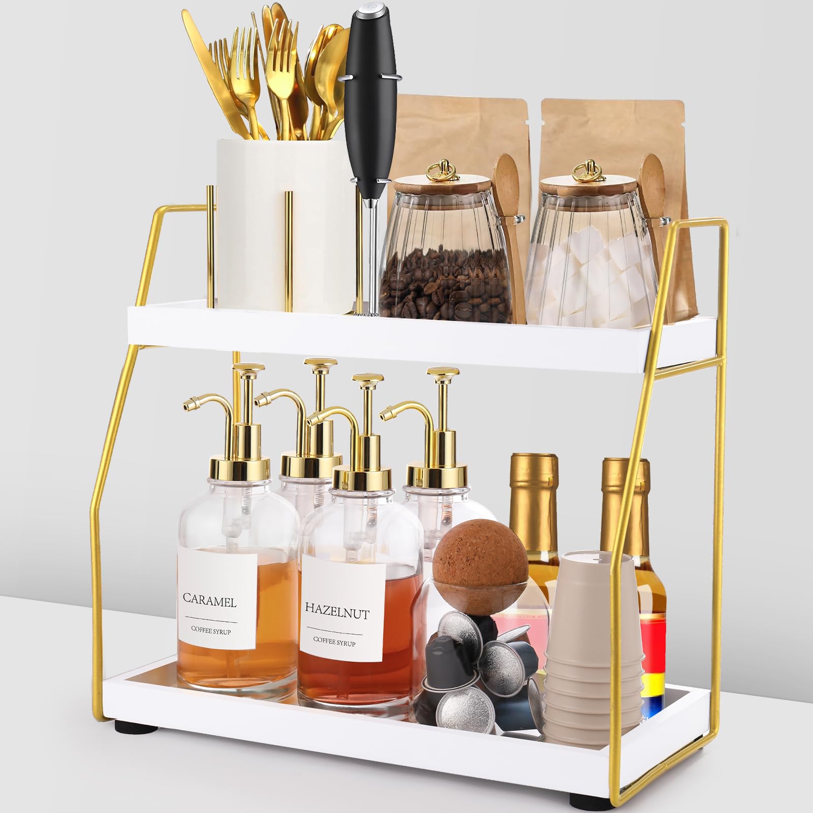 DWTS Organizador bar cafe dos niveles dorado mantiene tazas y syrups al alcance.