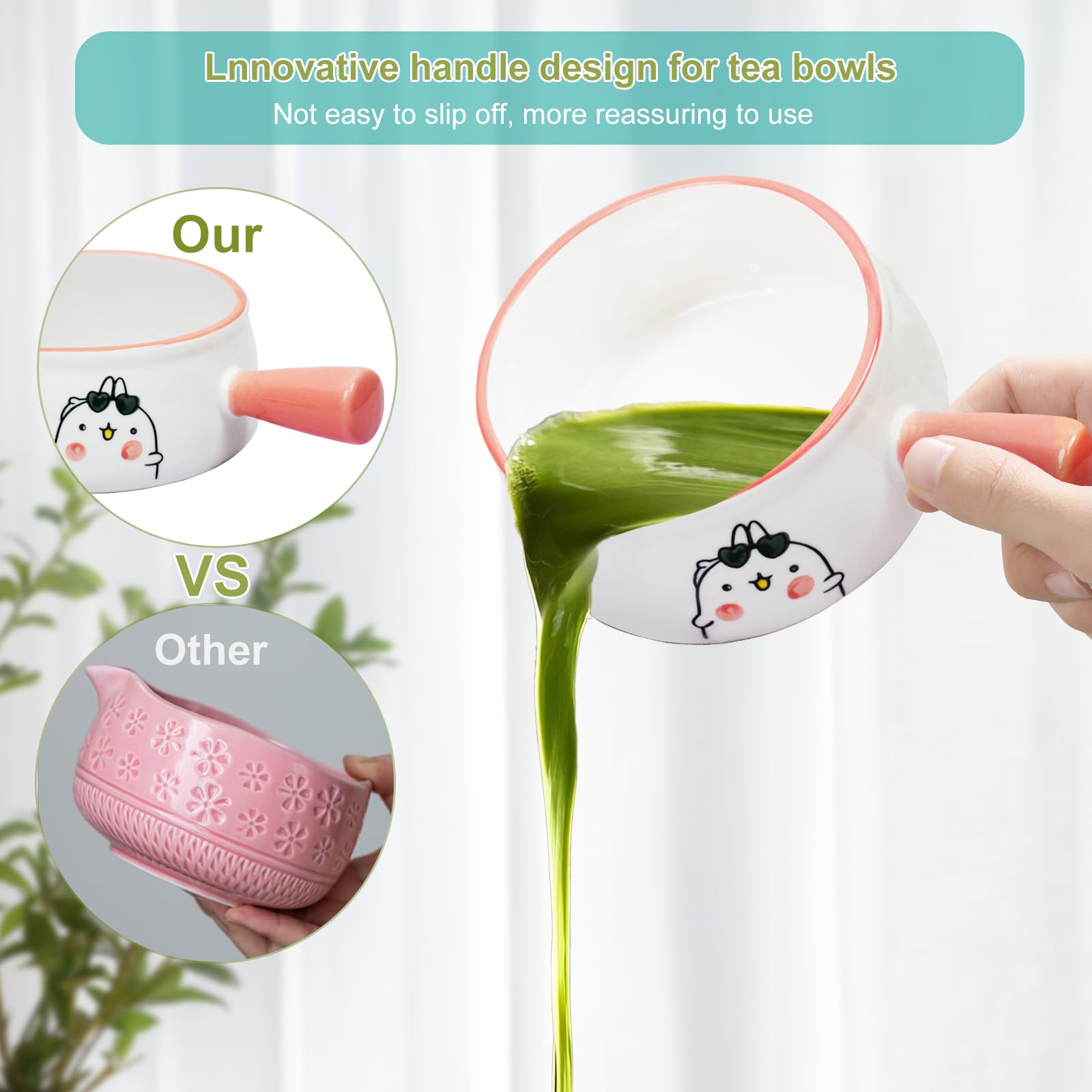 Dycoony cuenco para matcha con asa ergonómica facilita verter sin goteos.