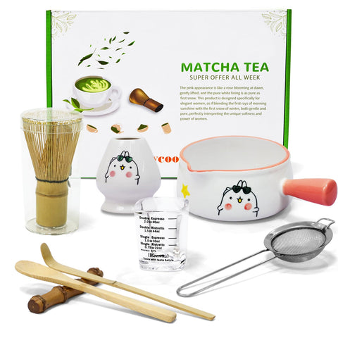 Dycoony set de matcha con batidor y cuenco rosado para una preparación elegante.