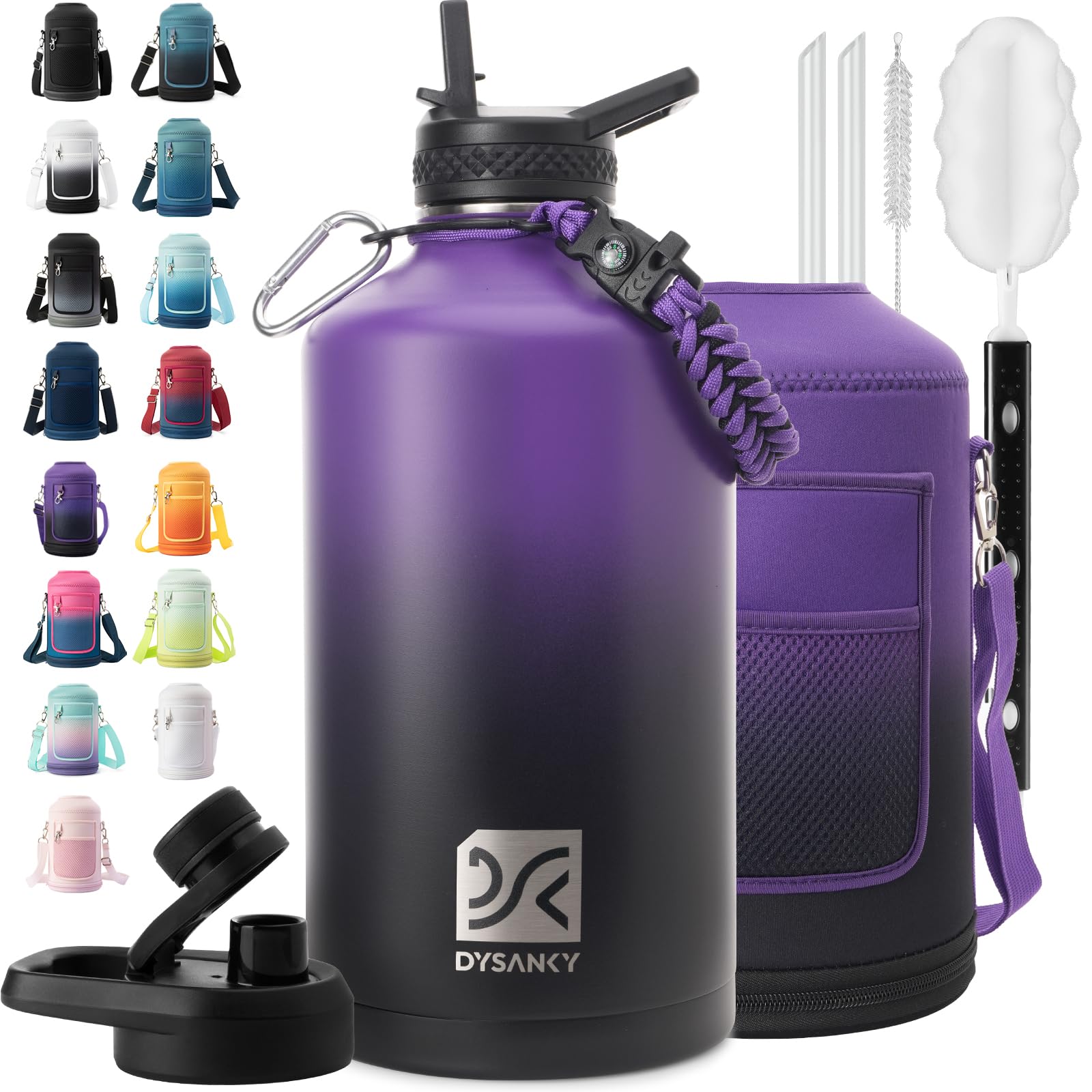 Botella DYSANKY 128oz con tapa y paja para uso diario.