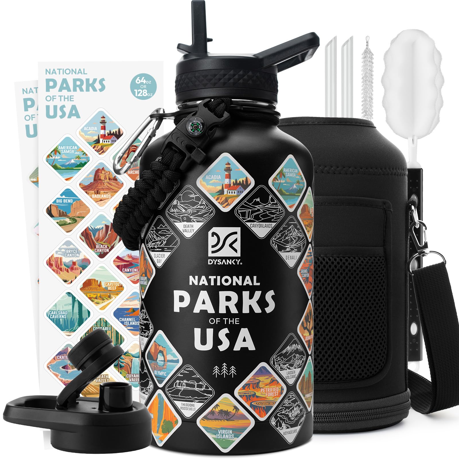 Botella DYSANKY 64oz aislada exterior, lista para excursiones con bebidas a buena temperatura.