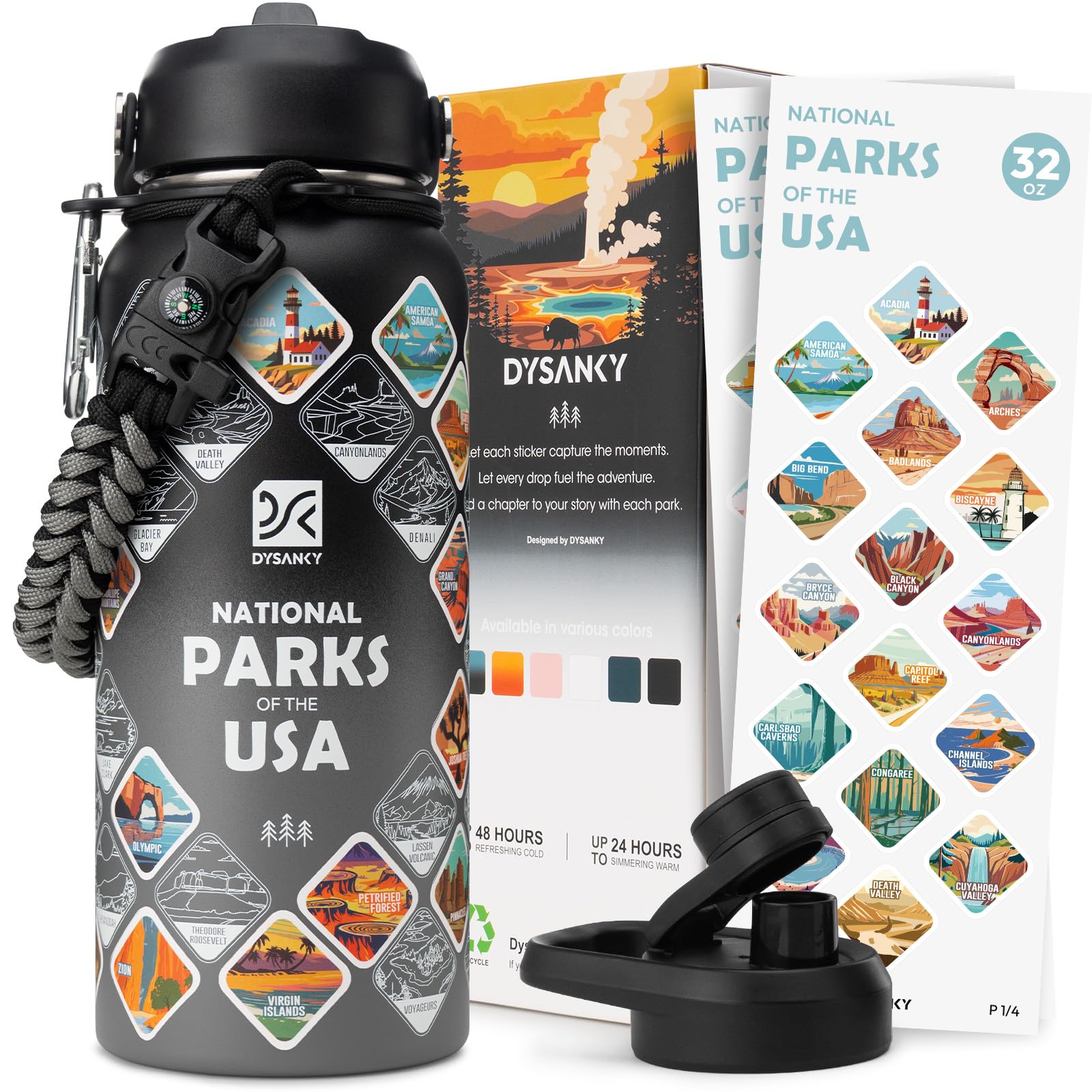 Botella Dysanky con 63 etiquetas de parques para registrar tus aventuras al aire libre.