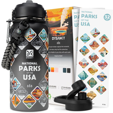 Botella Dysanky con 63 etiquetas de parques para registrar tus aventuras al aire libre.