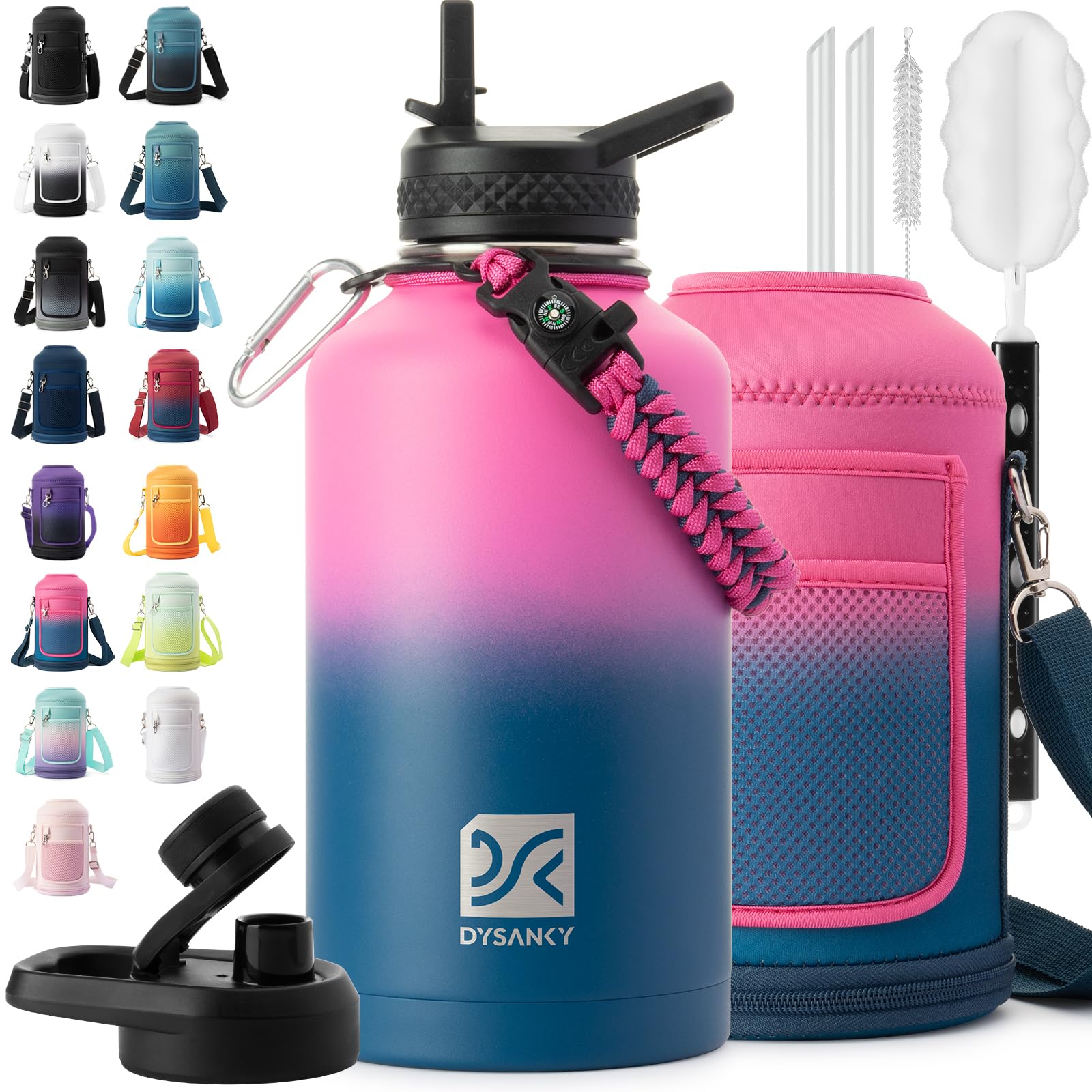 Botella DYSANKY aislada 64oz, vista frontal, ideal para bebidas frías o calientes.