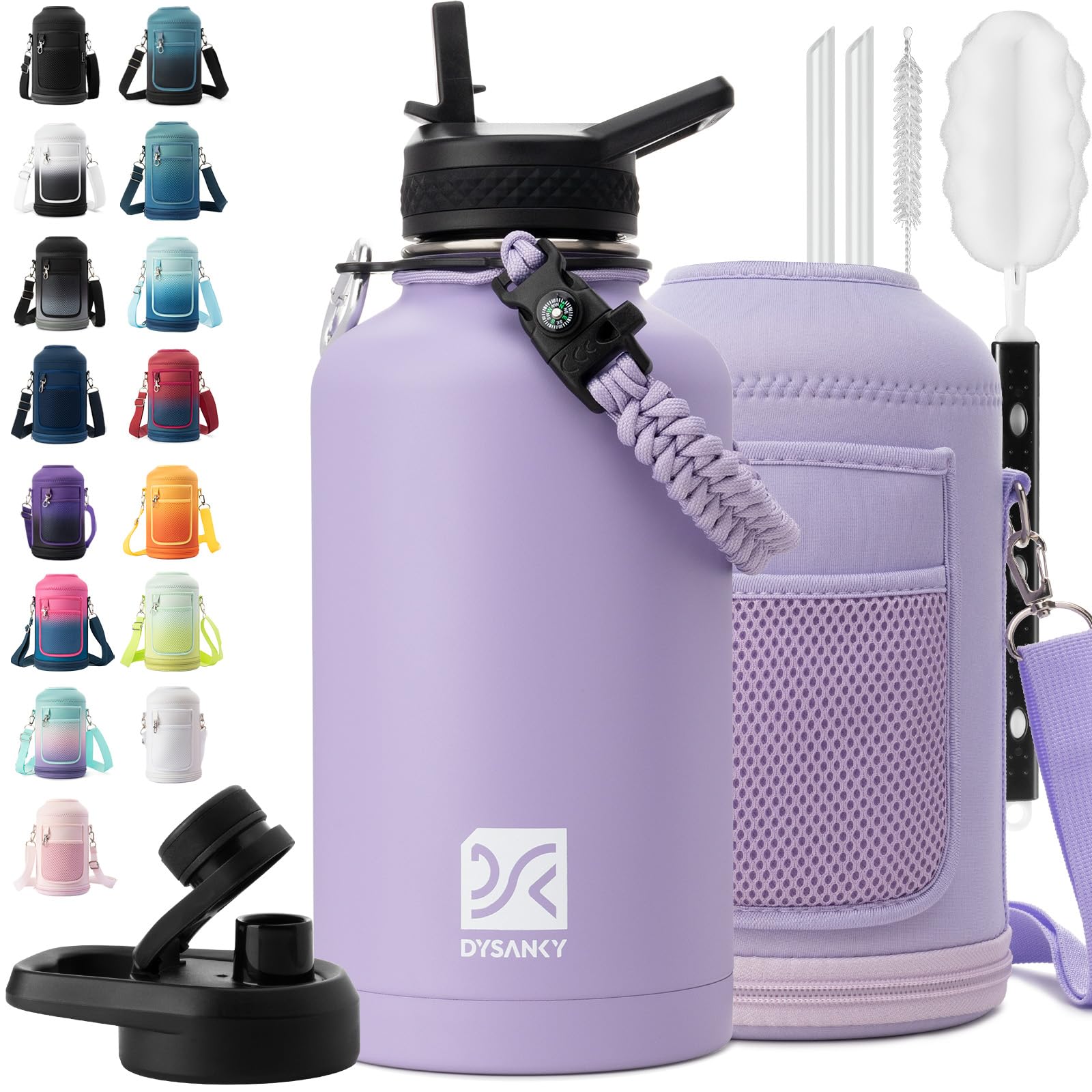 Botella DYSANKY aislada en acero inoxidable con pajilla para bebidas frías al aire libre.