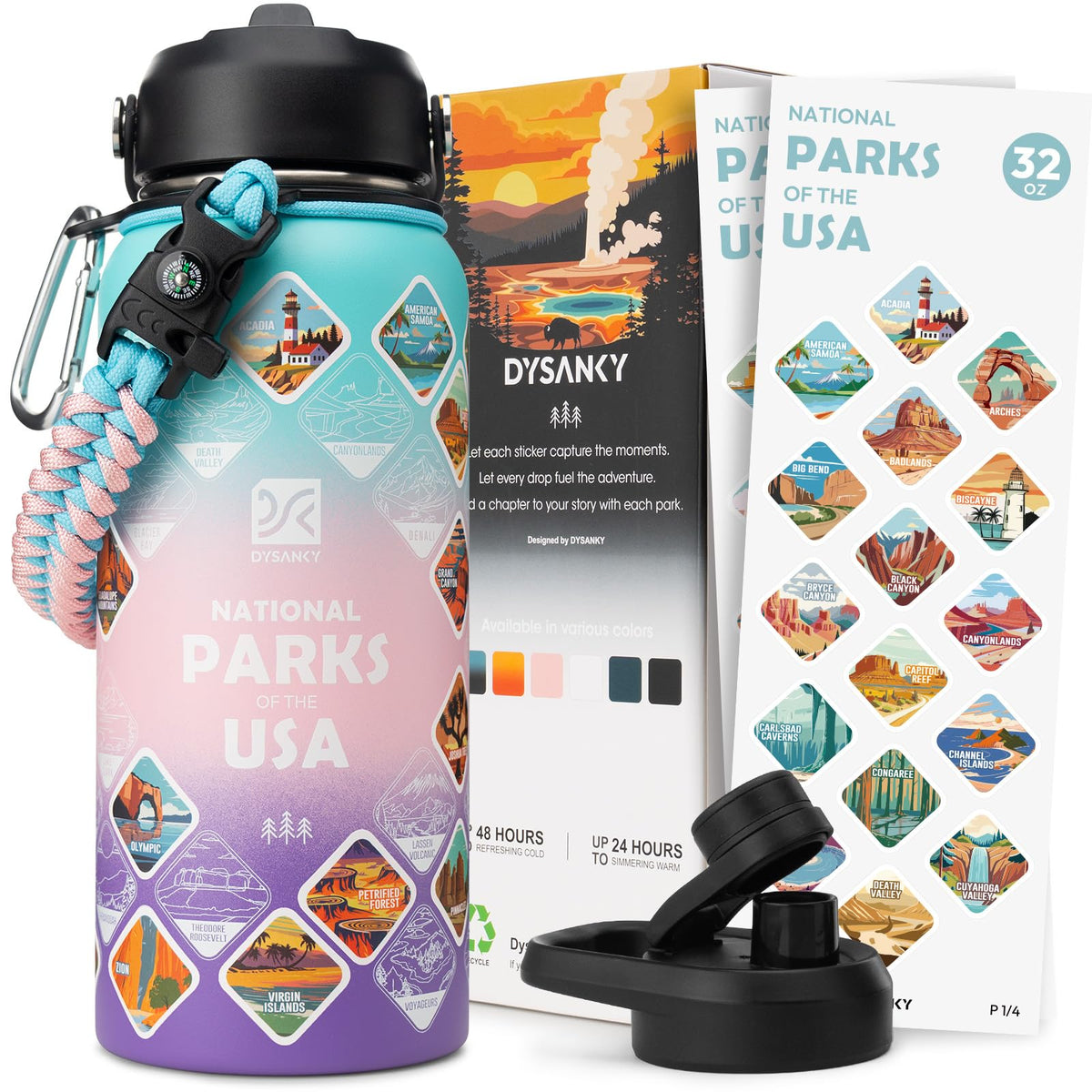 Botella DYSANKY Parques Nacionales, frente visible, diseño duradero para senderismo y viajes.