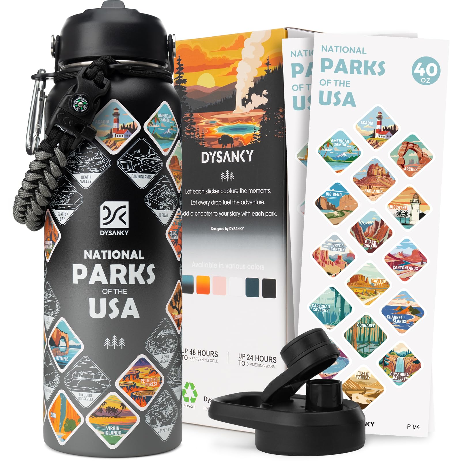 DYSANKY botella Parques Nacionales, vista frontal, ideal para excursiones y mantener bebidas a temperatura.