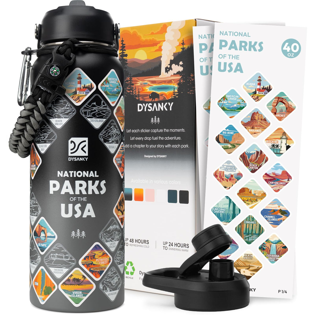 DYSANKY botella Parques Nacionales, vista frontal, ideal para excursiones y mantener bebidas a temperatura.