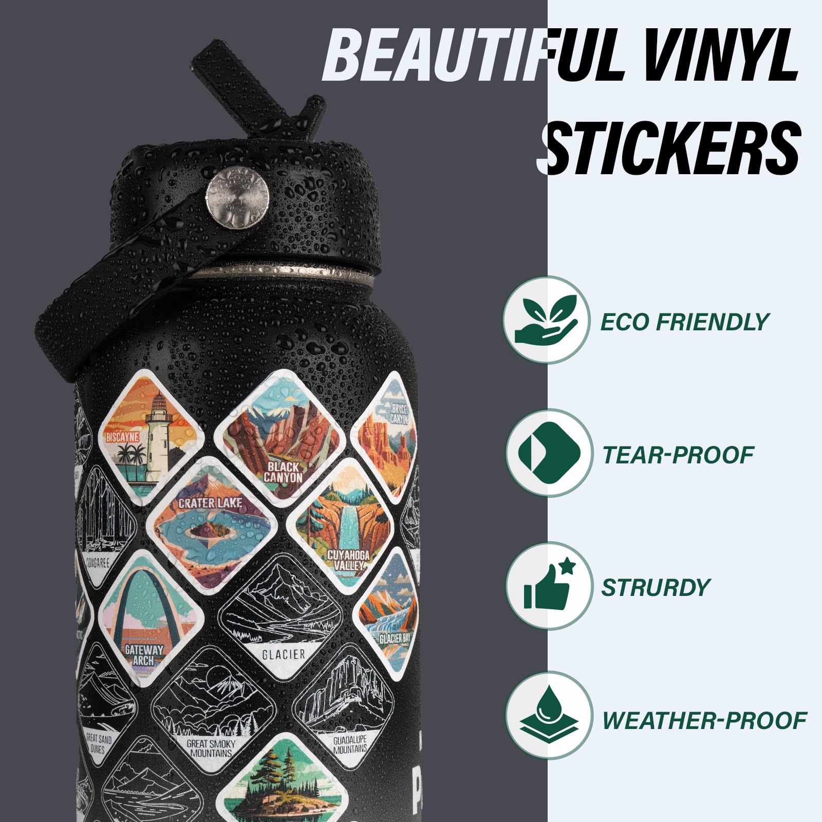 DYSANKY botella Parques Nacionales, pegatinas temáticas, fomenta colección de parques visitados.