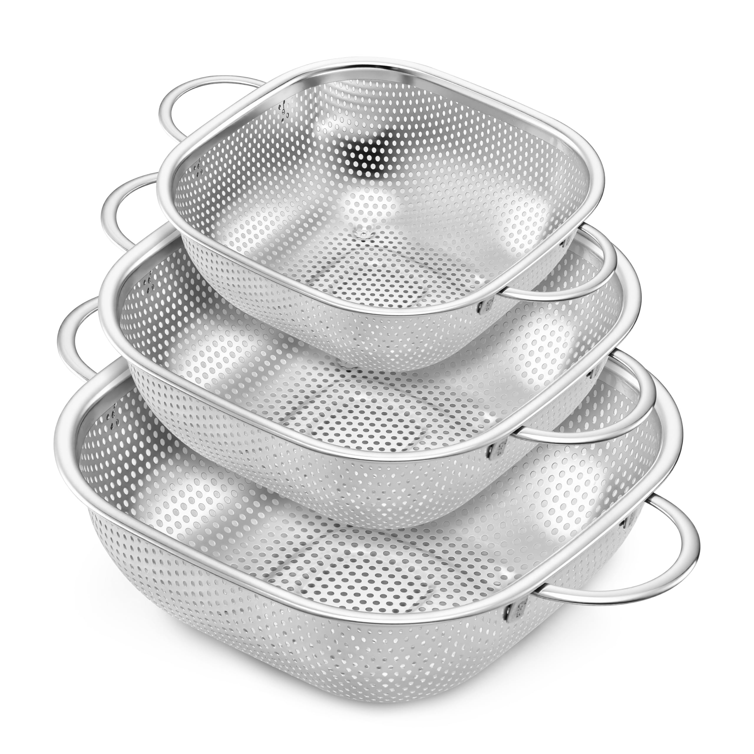 E-far colador cuadrado de acero inoxidable, vista frontal, ideal para escurrir pasta rápidamente