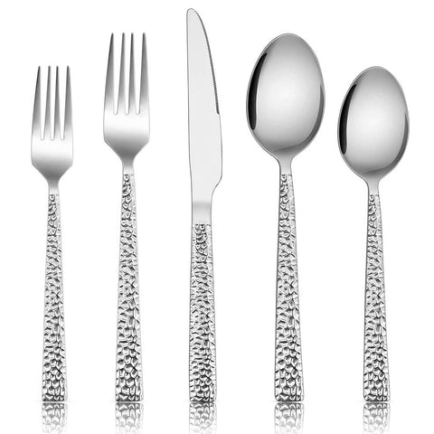Cubiertos E-far acero inoxidable con diseño martillado, ideal para uso diario.