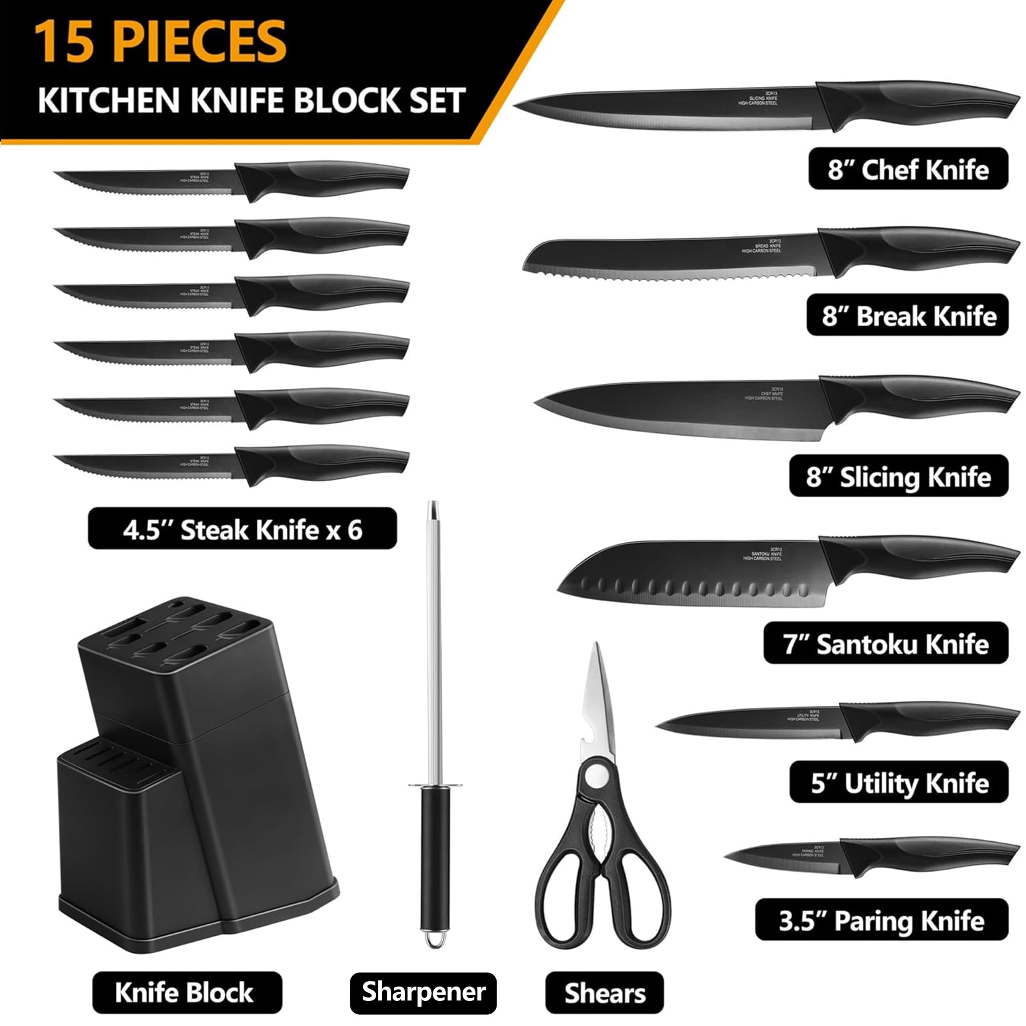Cuchillo chef de 8 pulgadas E-far con filo afilado para cortes precisos.