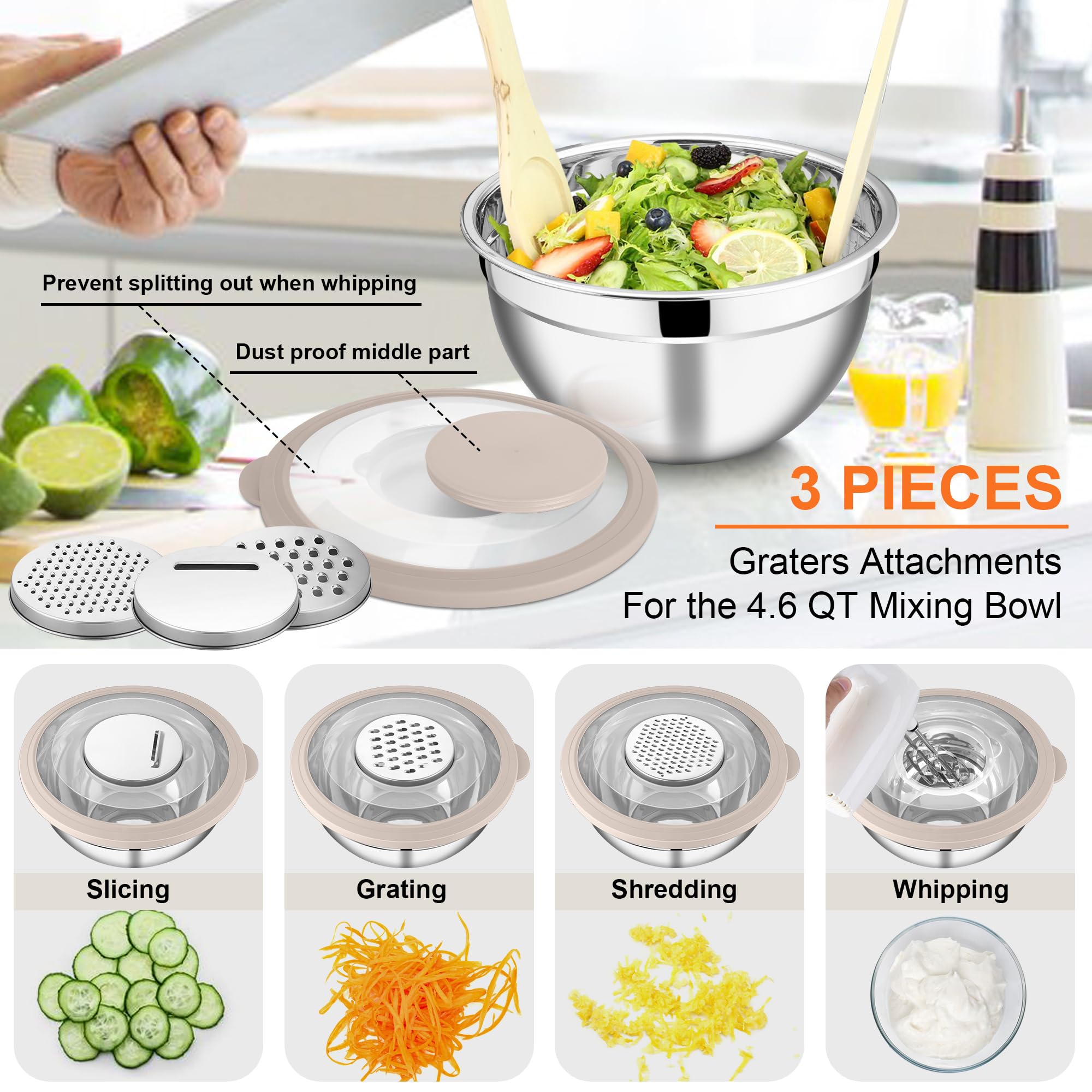 Ralladores triples para tazones E-far, ideales para queso y verduras.