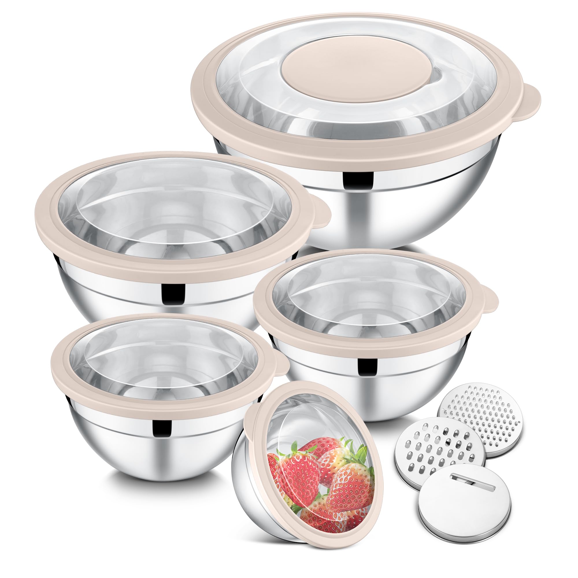 Tazones E-far de acero inoxidable con tapa transparente para mezclar y servir ensaladas.