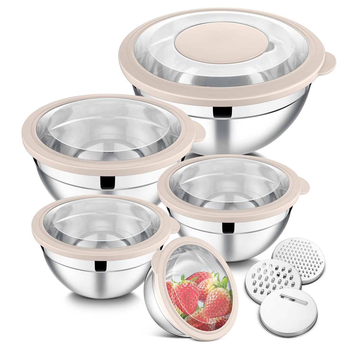 Tazones E-far de acero inoxidable con tapa transparente para mezclar y servir ensaladas.