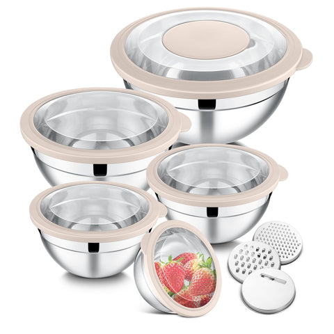 Tazones E-far de acero inoxidable con tapa transparente para mezclar y servir ensaladas.