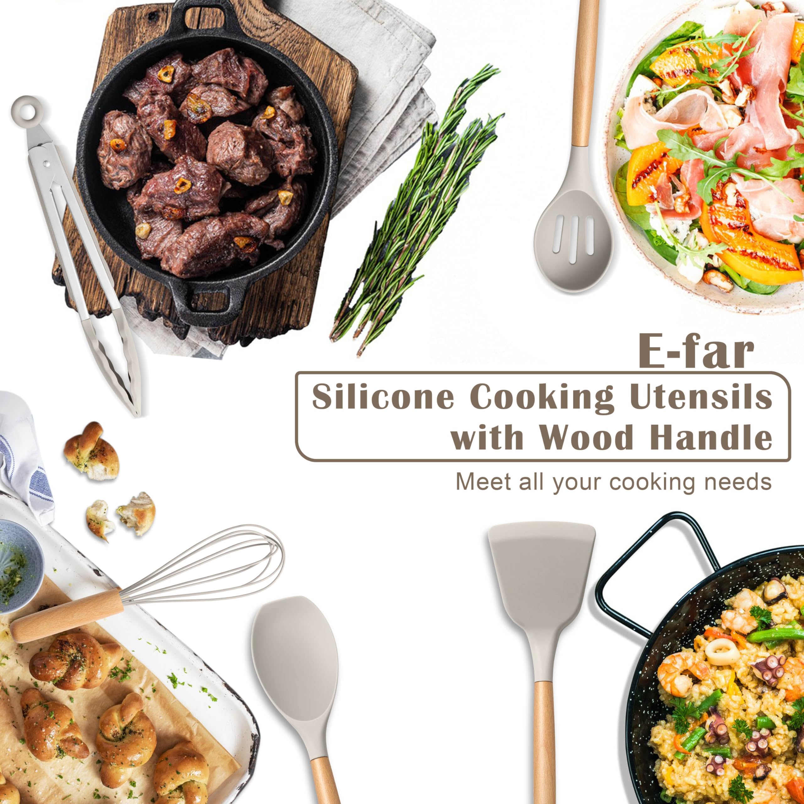 Pinzas de silicona E-far, ergonomicas y seguras para cocinar.