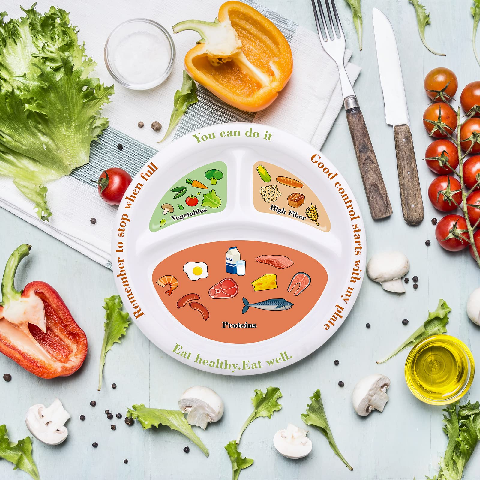 Eaasty plato dividido con tres secciones para balancear proteína, verduras y fibra.