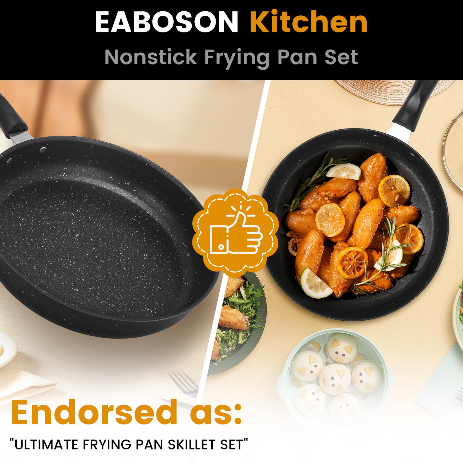 Mango ergonómico de la sartén EABOSON, agarre cómodo y seguro.