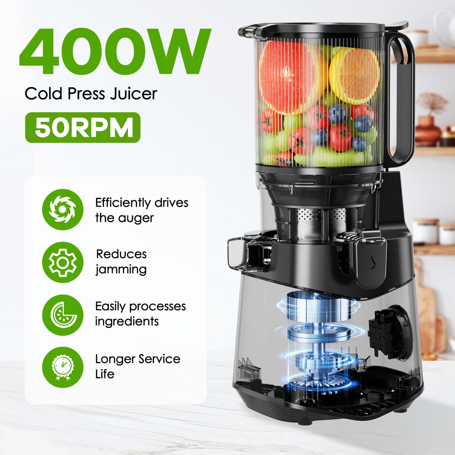 EanOruus motor de 400 W, prensado en frío para jugos densos.
