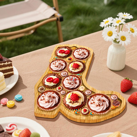 La bandeja decorativa de botas de madera mejora la mesa de buffet con estilo rústico.