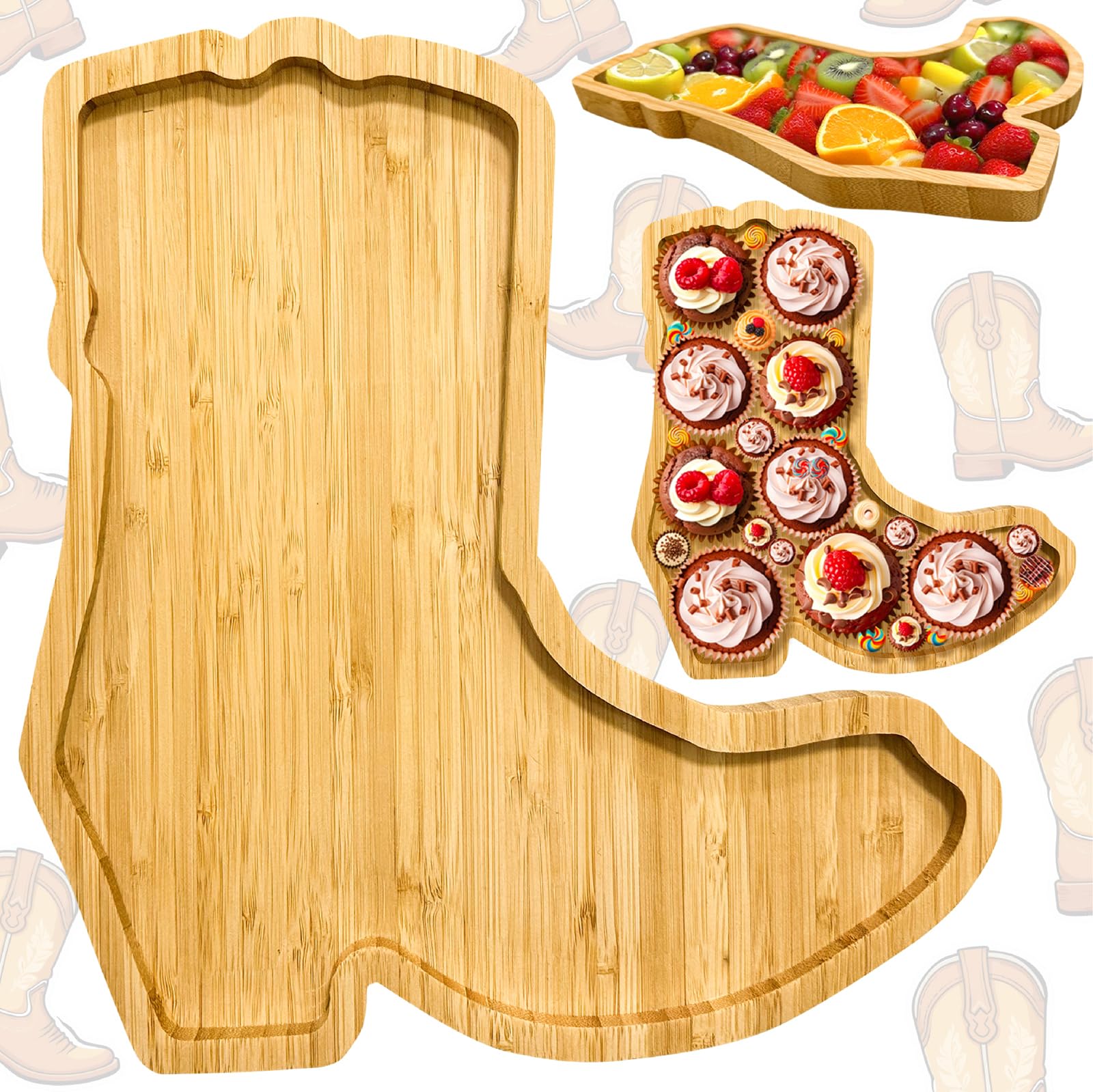 La tabla de charcutería en forma de botas de madera de Easma para fiestas temáticas añade estilo.
