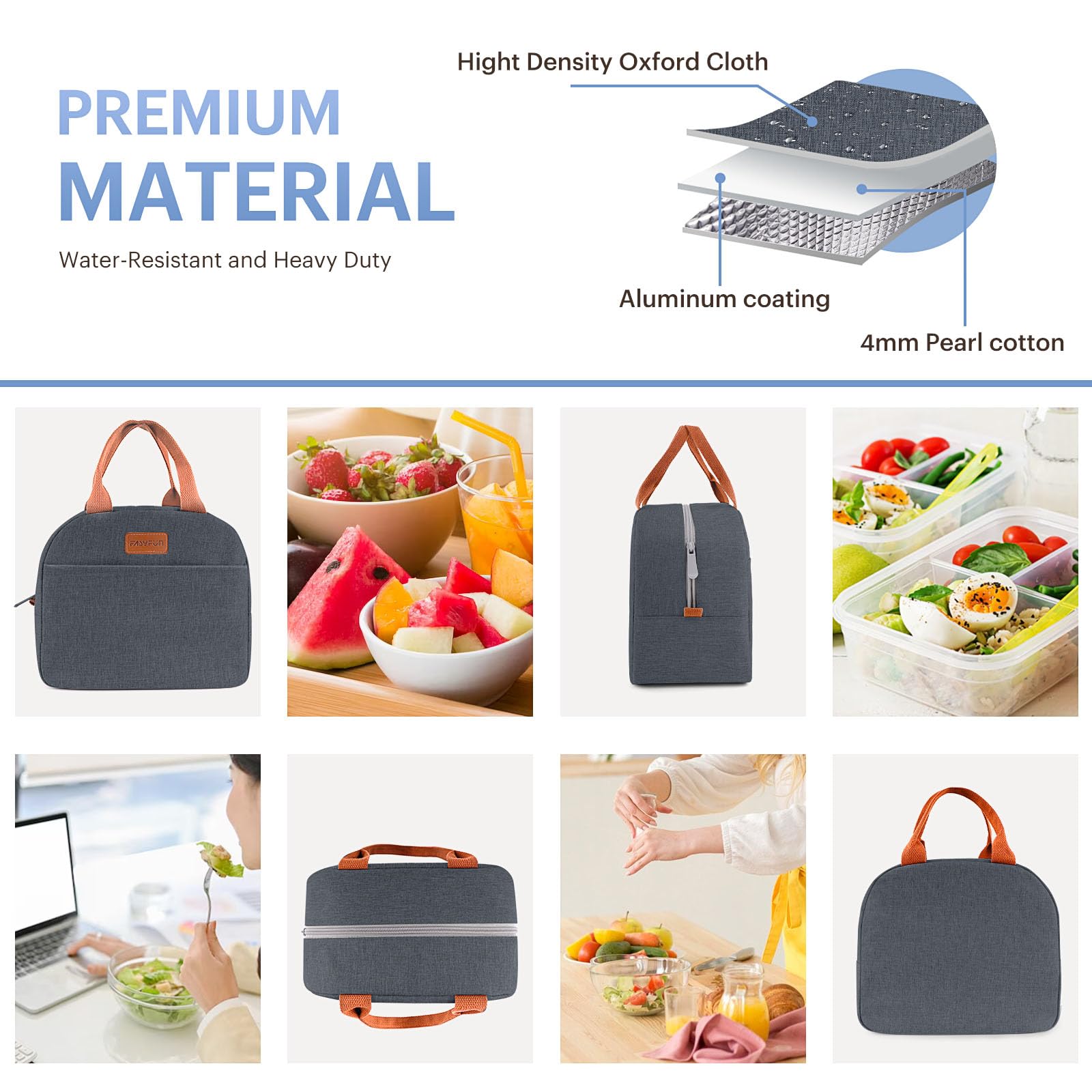 EASYFUN bolsa de almuerzo navy, asa resistente para llevar con comodidad.