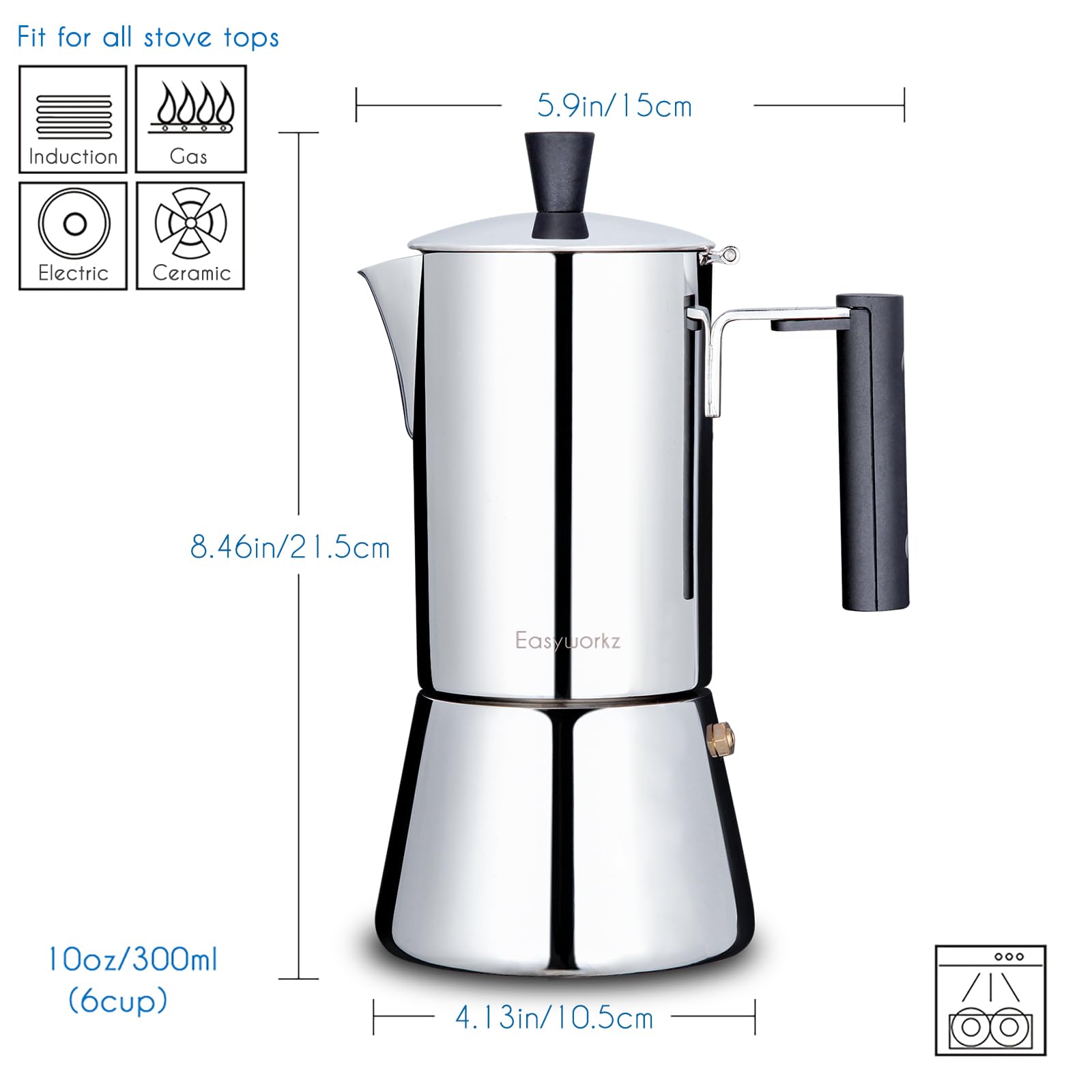 Easyworkz Pedro cafetera moka, asa ergonómica para un manejo cómodo.