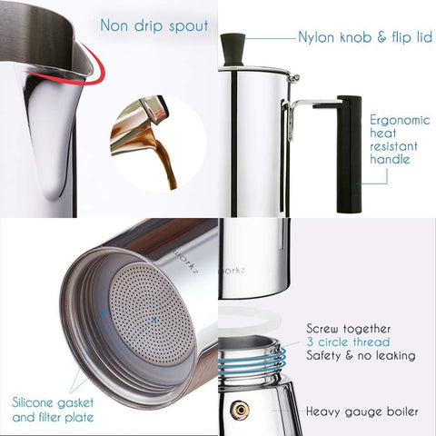 Easyworkz Pedro cafetera moka con válvula de seguridad para mayor control.