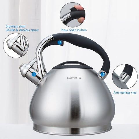 Tetera Easyworkz apta para gas, inducción y electricidad para varias cocinas.