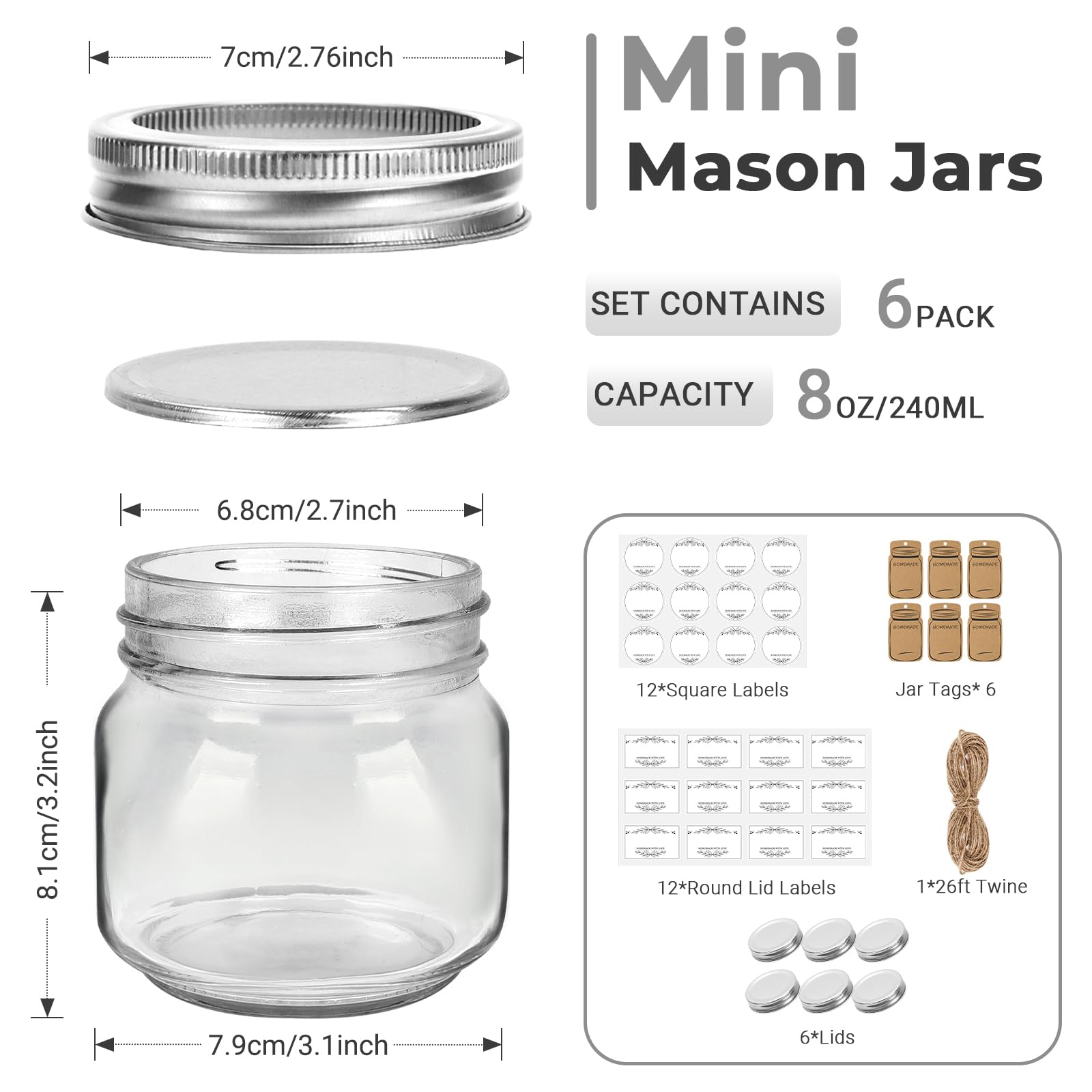 Tarro Mason Eathtek 240 ml con tapas y etiquetas de dos tipos para organización.