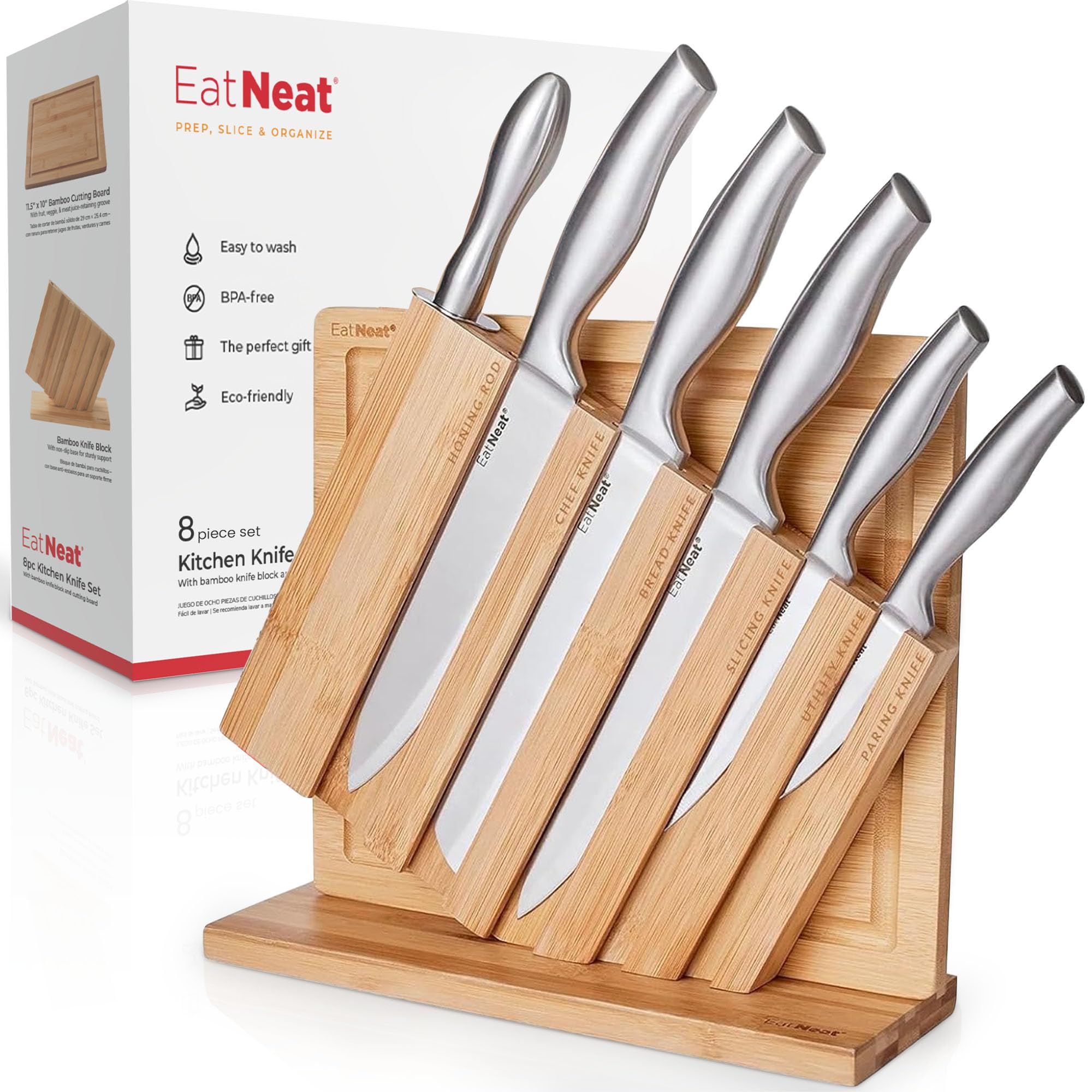 EatNeat cuchillo chef con filo preciso para cortes rápidos y uniformes.