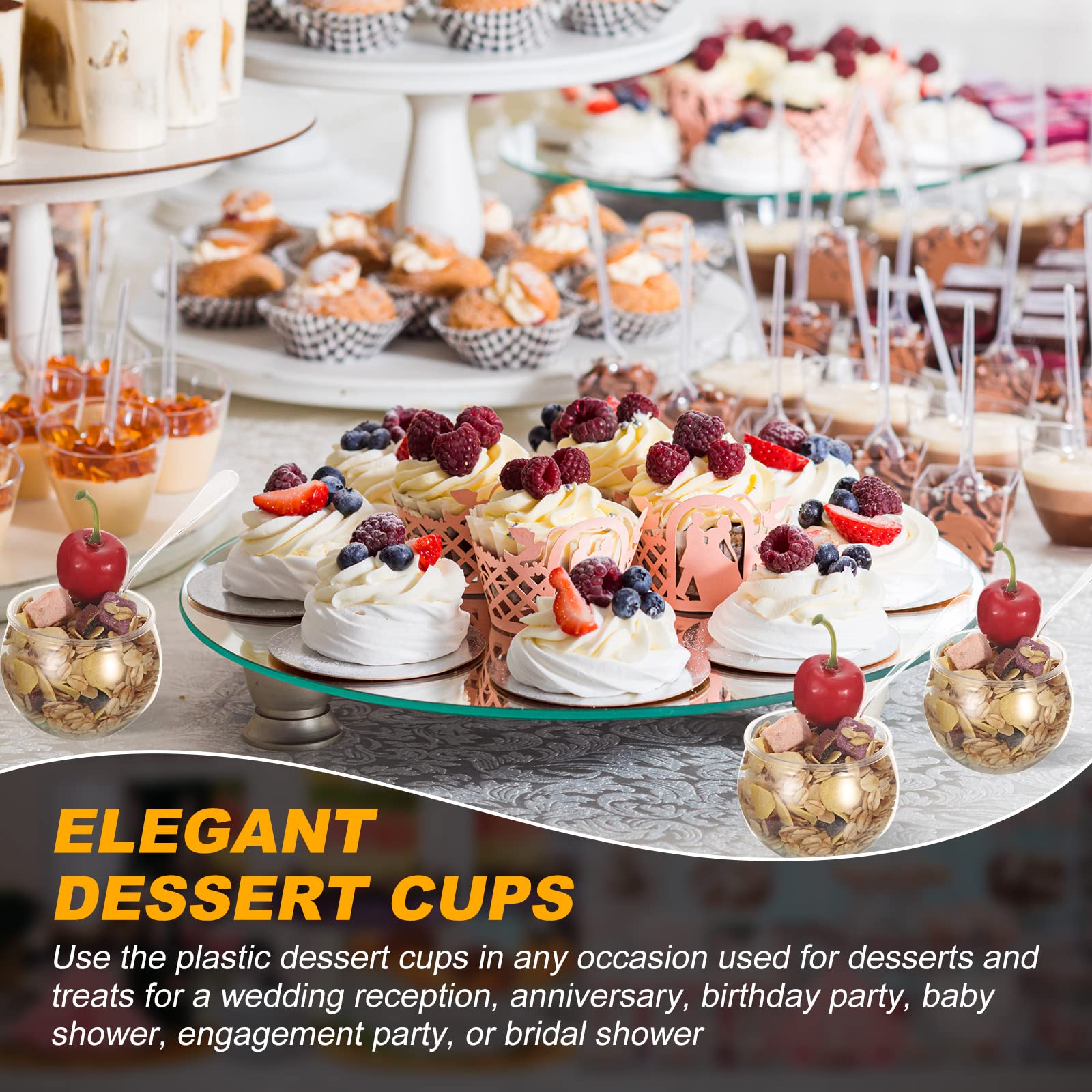 Mesa de postres elegante con copas EBOOT de dos onzas.