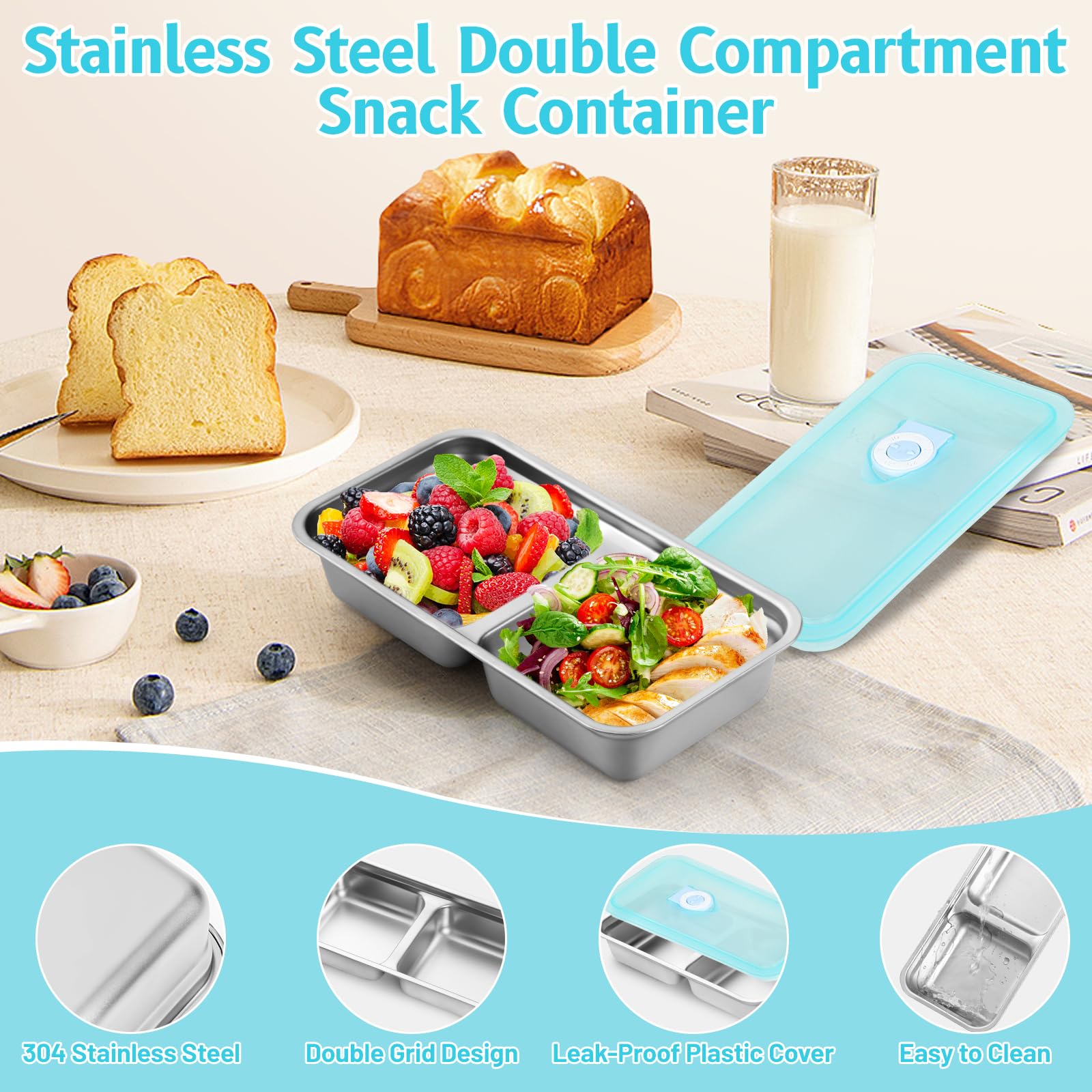 Ebukur contenedor snack con tapa hermetica para prevenir derrames.
