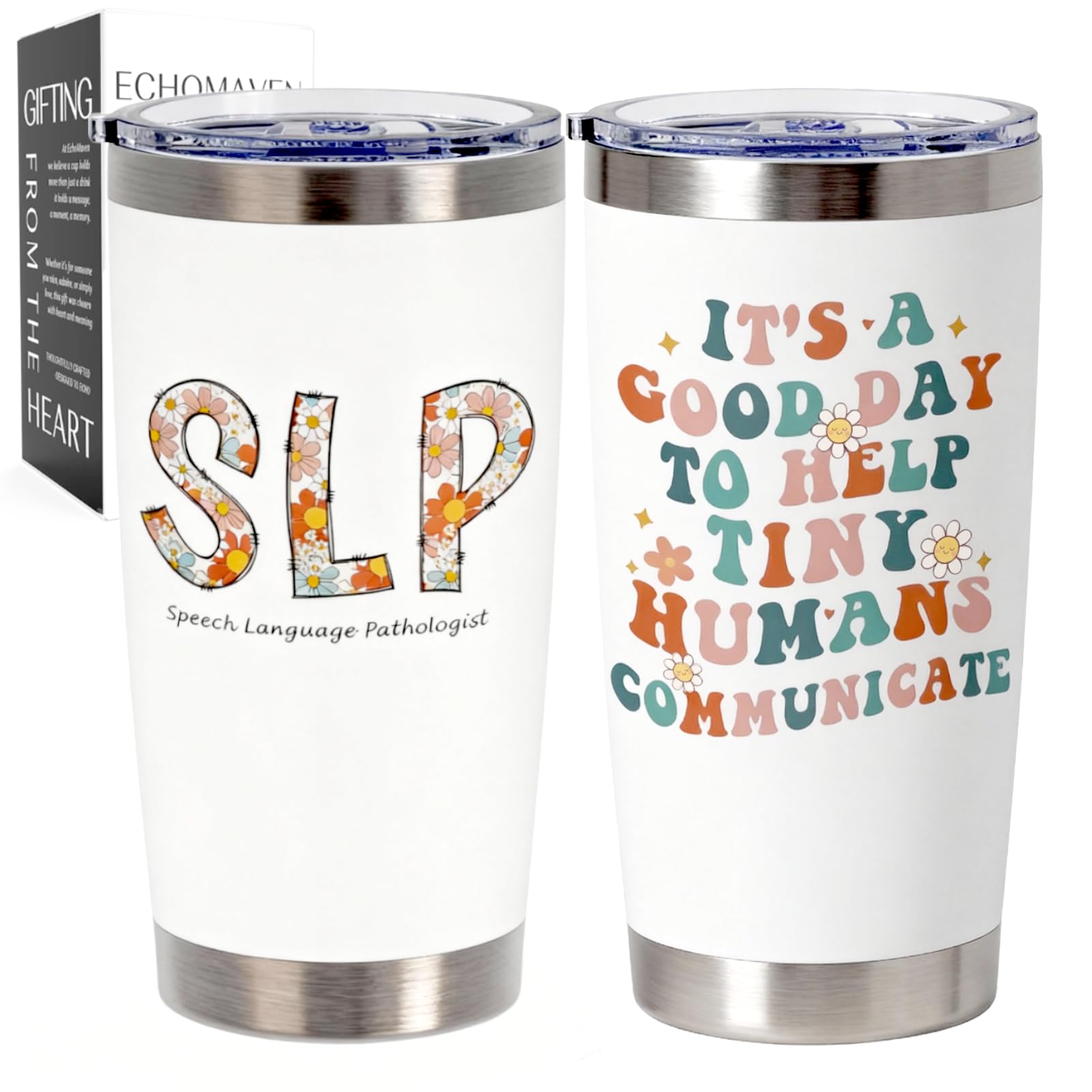 EchoMaven SLP Tumbler con flor frontal, ideal para reconocer tu labor en la clínica.