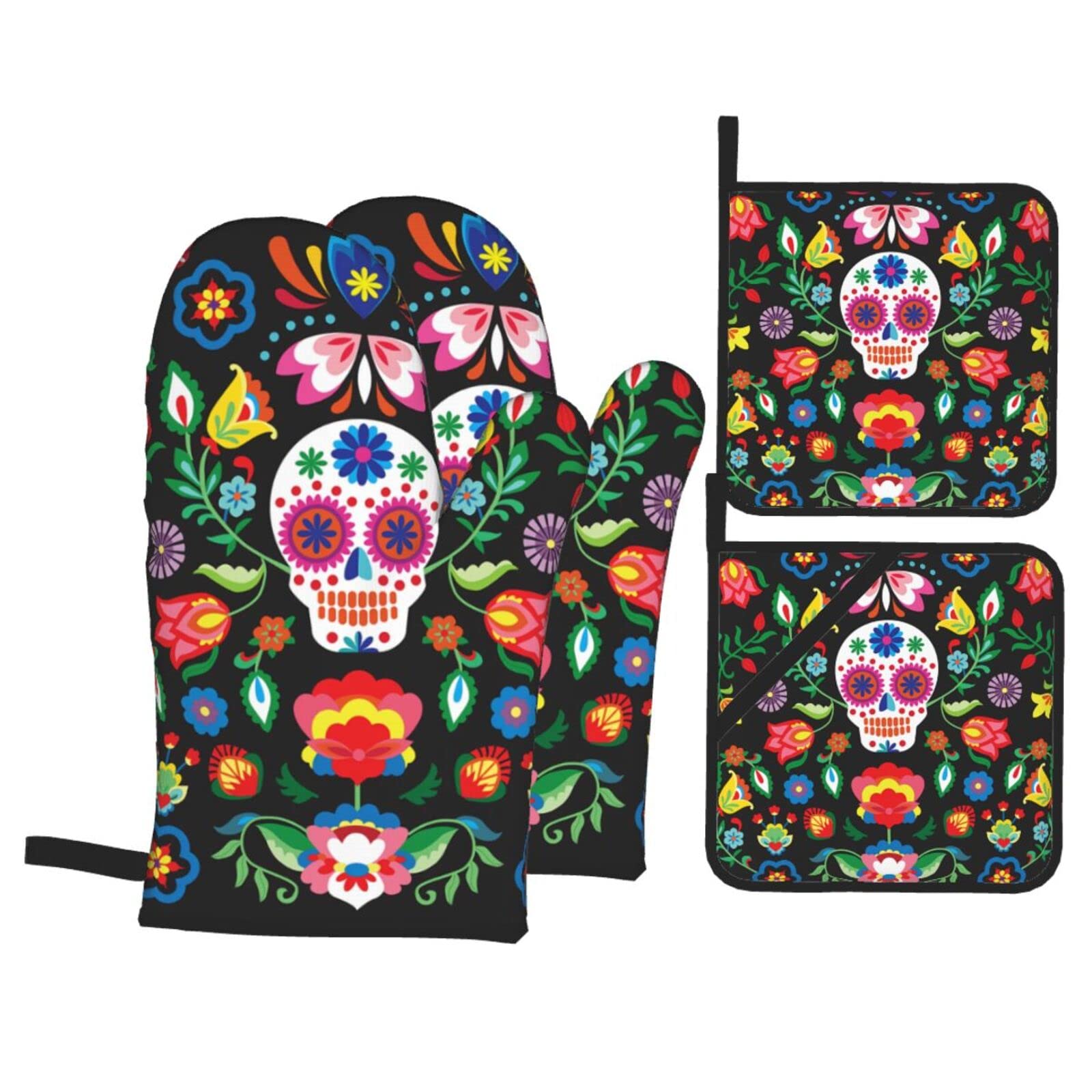 Guantes de horno Echoserein con calavera floral para cocinar con seguridad