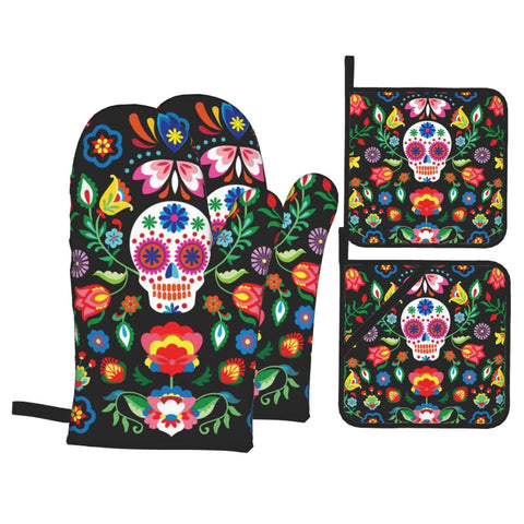Guantes de horno Echoserein con calavera floral para cocinar con seguridad