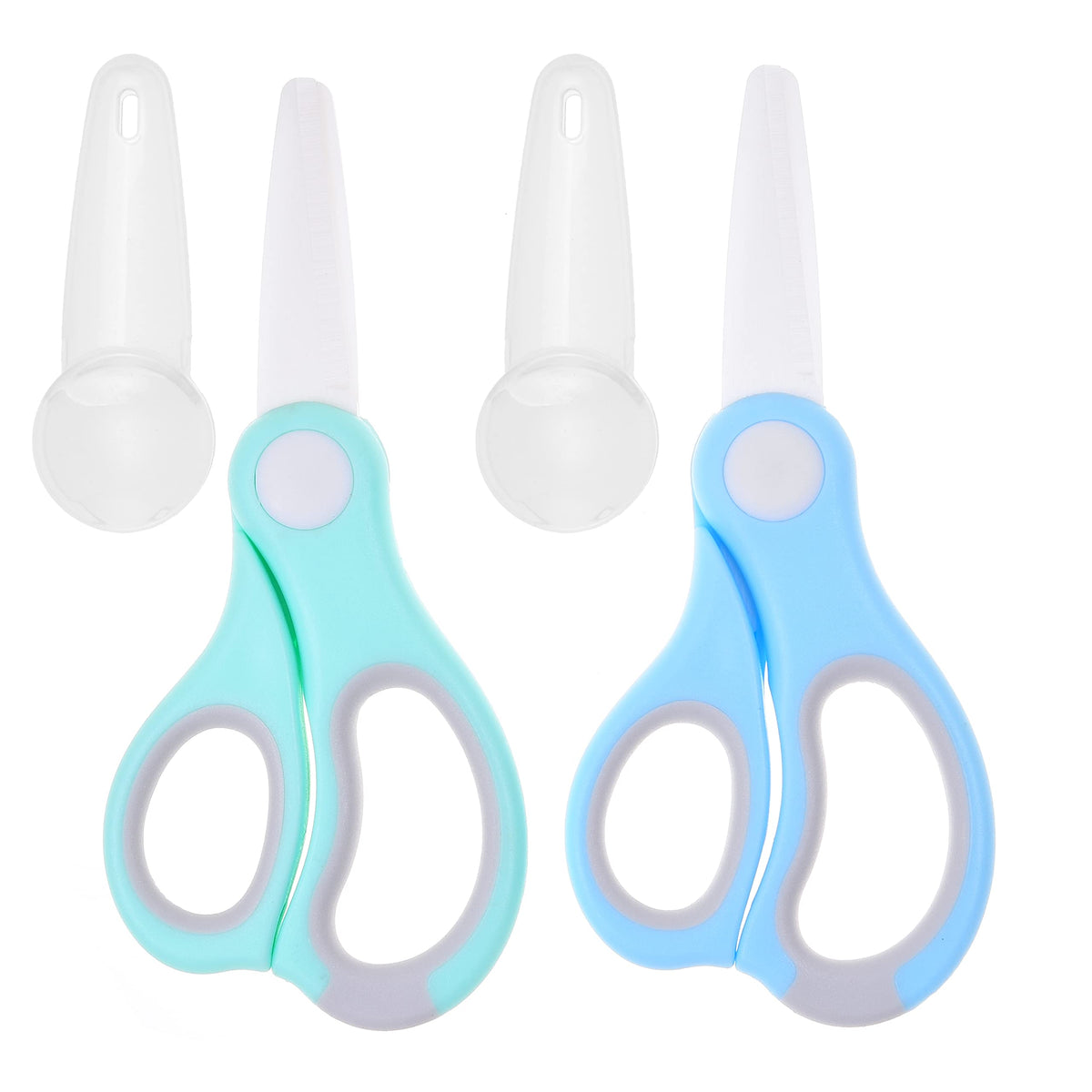 Eco-Fused tijeras cerámicas para bebés azules, corte suave para carnes y verduras.