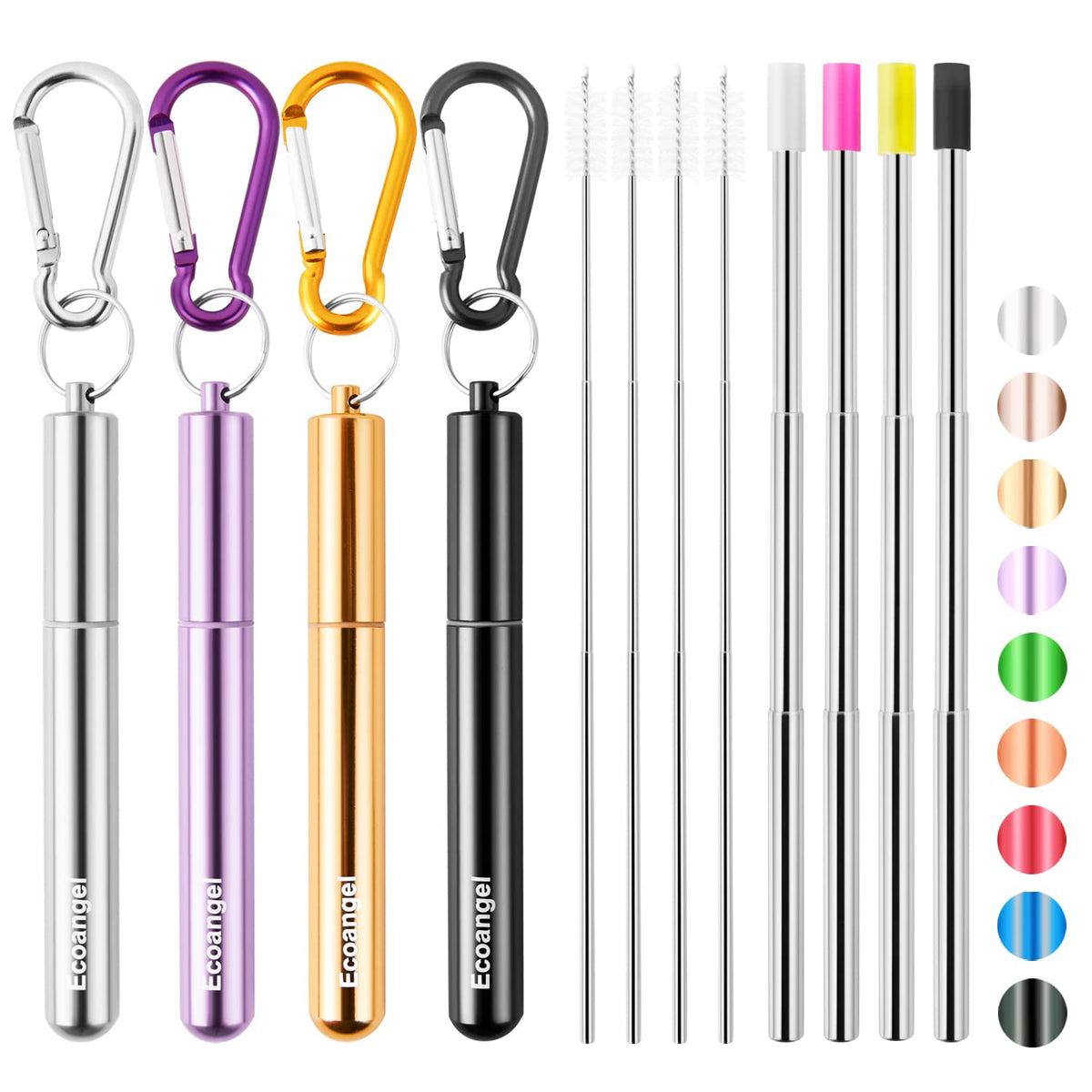 Ecoangel pajillas plegables de acero inoxidable con estuche, ideal para viaje.