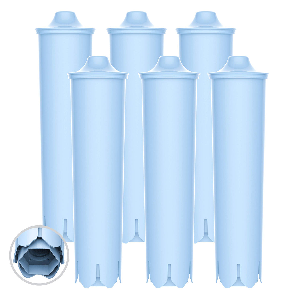 EcoAqua filtro compatible para Jura y Capresso, enfoque azul, mejora agua y sabor.