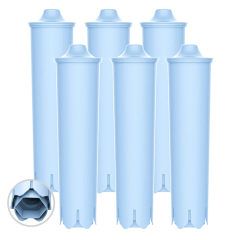 EcoAqua filtro compatible para Jura y Capresso, enfoque azul, mejora agua y sabor.