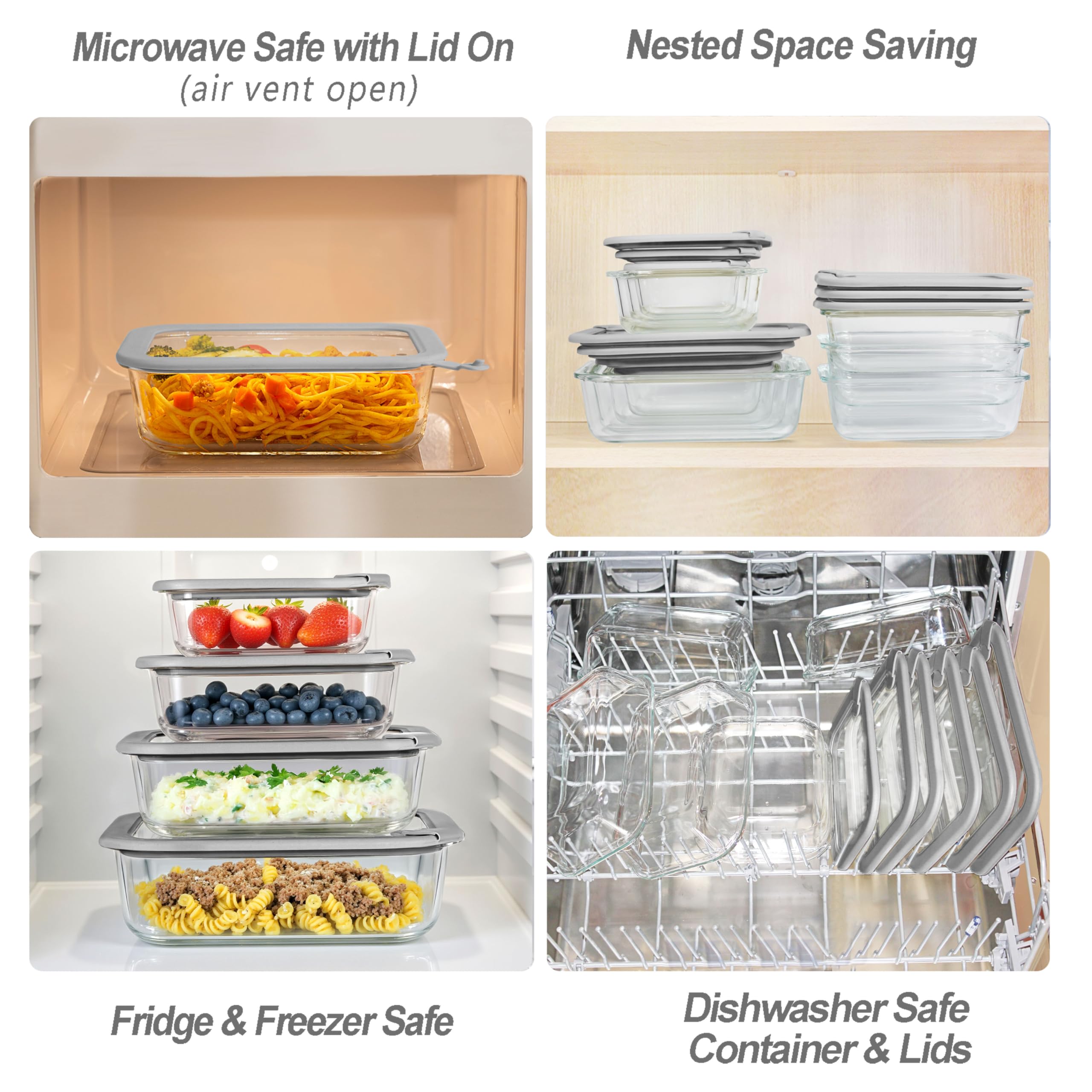 EcoEvo envases de vidrio con tapa de silicona rectangular 50 oz, preparado para grandes porciones