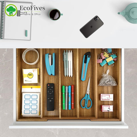 Organizador de cajón de cocina EcoFives en acacia, 5 ranuras para utensilios