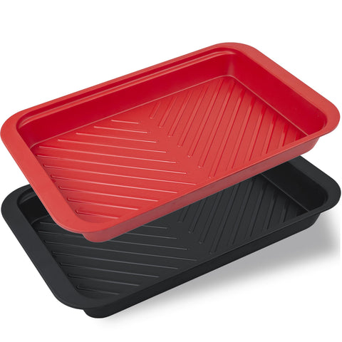 Bandeja ECOIOU para parrilla profunda roja, ideal para transportar carne cruda.