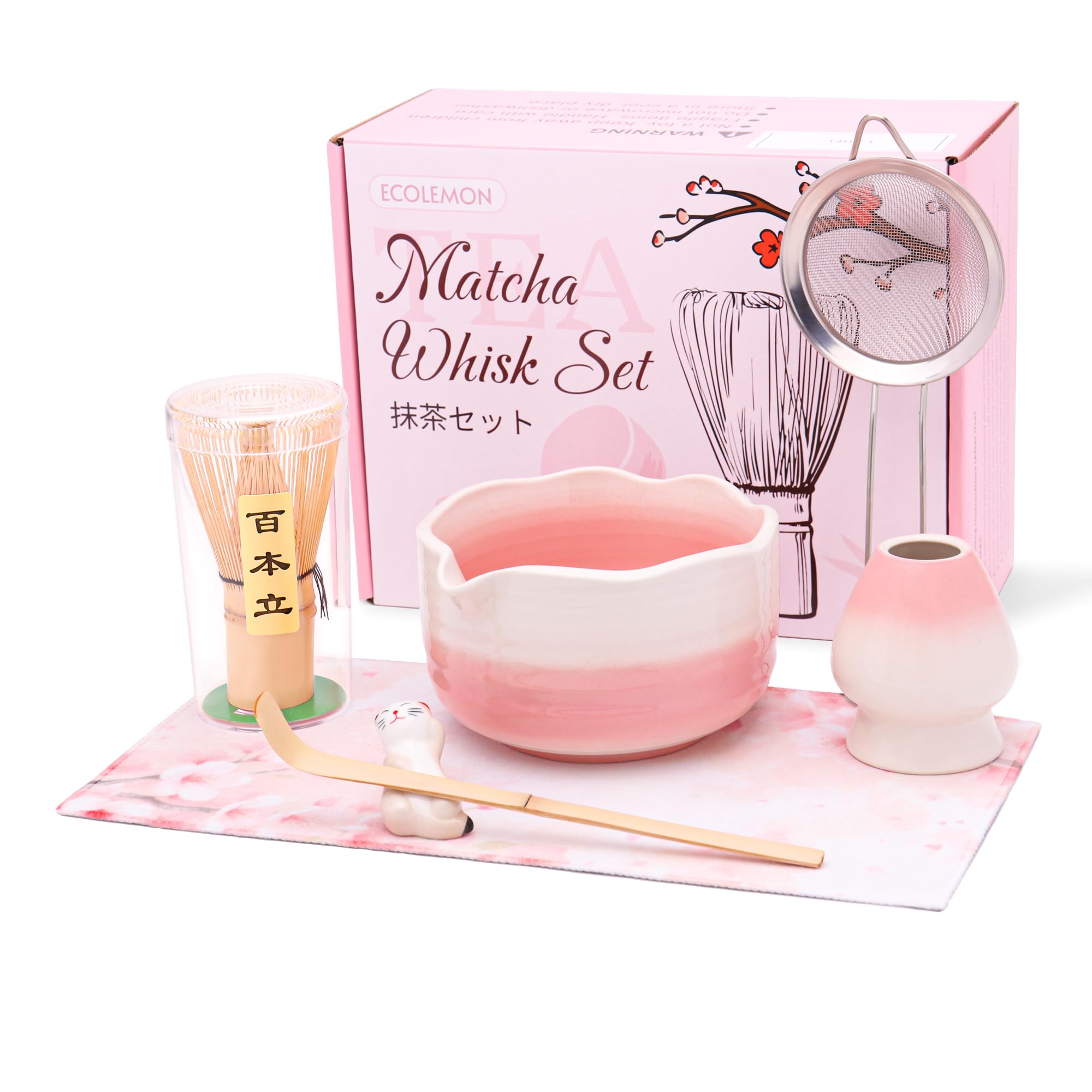Conjunto ECOLEMON Matcha rosa: tazón cerámico con pico para batir matcha cremoso.