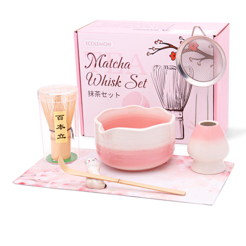 Conjunto ECOLEMON Matcha rosa: tazón cerámico con pico para batir matcha cremoso.