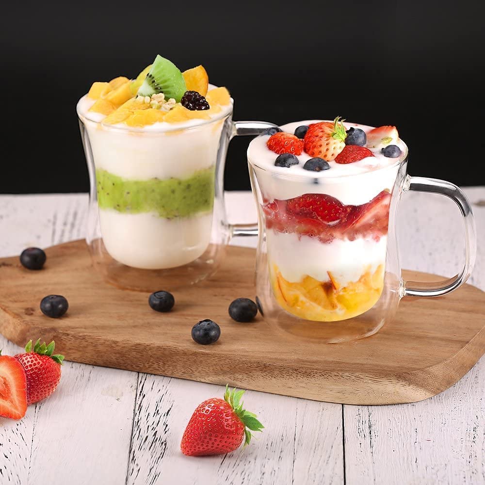 ecooe taza latte vidrio claridad, se ve la bebida y burbujas