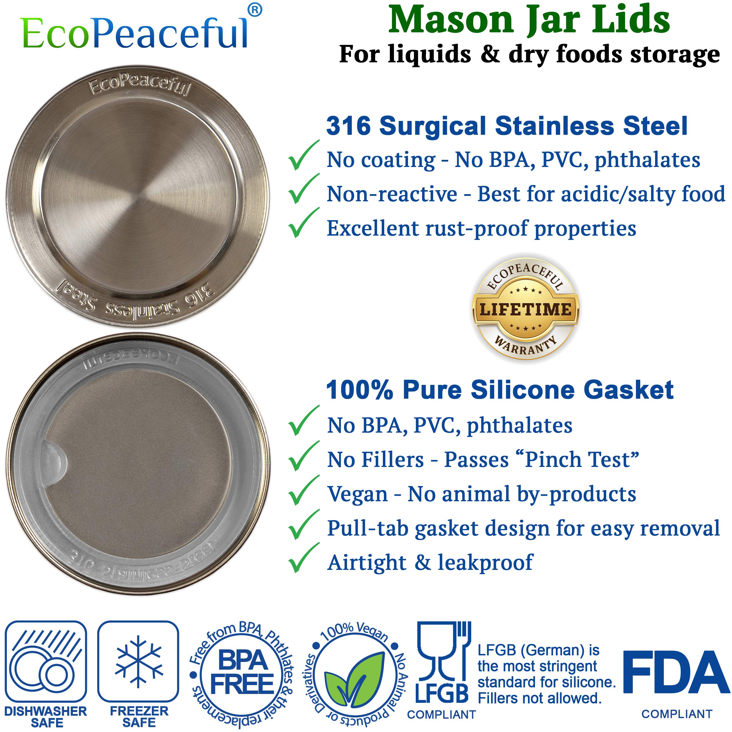 EcoPeaceful juntas silicona, boca ancha, hermético para almacenamiento.