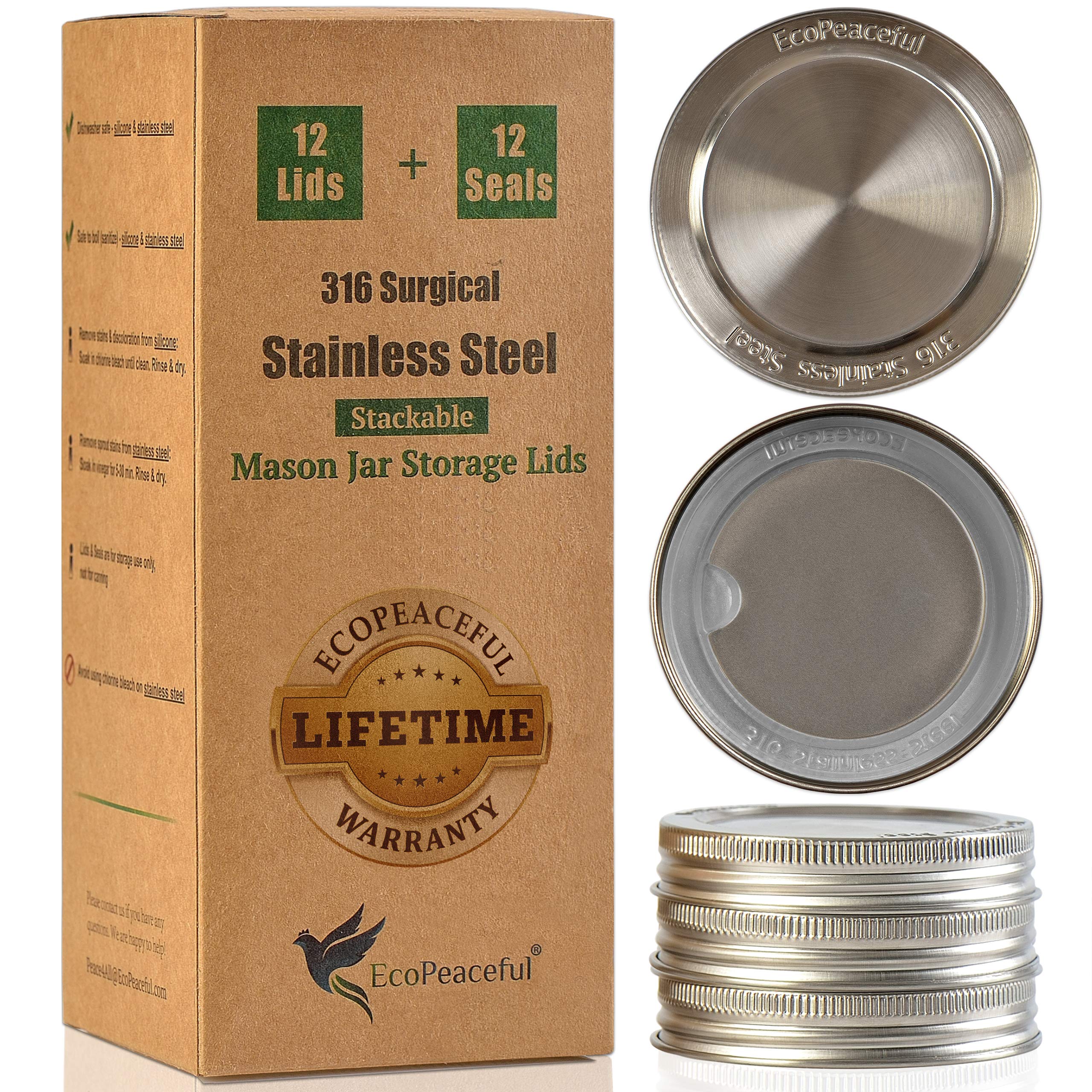 Tapas EcoPeaceful para tarros de boca regular con sello de silicona hermético