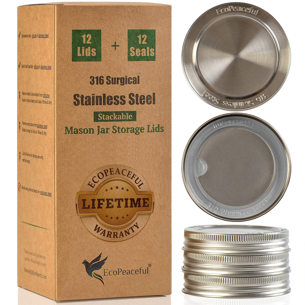 Tapas EcoPeaceful para tarros de boca regular con sello de silicona hermético